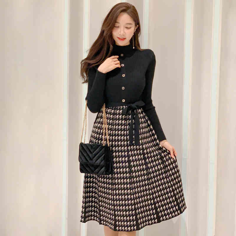 Women Autumn And Winter Vintage Elegant Houndstooth Print Knitted Patchwork Dresses Long Sleeve Belt Vestidos 210520