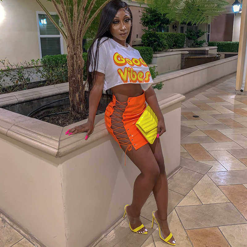 OMSJ Sexy Club Female Mini Pencil Skirt Women High Waist Lace Up Neon Green Orange Solid Bodycon Hollow Out Bandage Skirts 210619