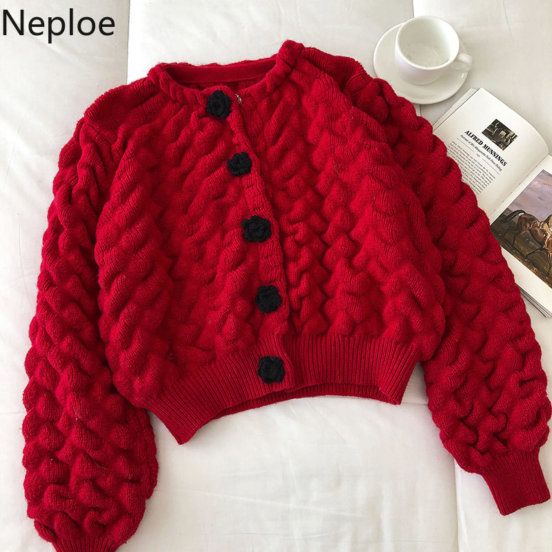 Neploe Knitted Cropped Cardigan Female Winter Clothes Thicked Warm Knitted Sweaters Women Sweet Vintage Sueter Coat Pull Femme 210422