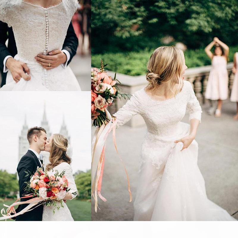 Vintage Country Style A Line Wedding Dress Bridal Gowns 3/4 Sleeves Scoop Neck Lace Applique Covered Buttons Tulle Sweep Train Formal Dresses vestido 