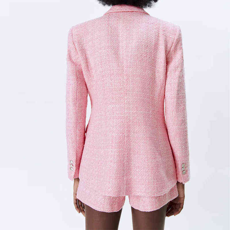 Double Breasted Tweed Check Blazer Set - Vintage Long Sleeve Women's Coat And High Waist Short Skirt