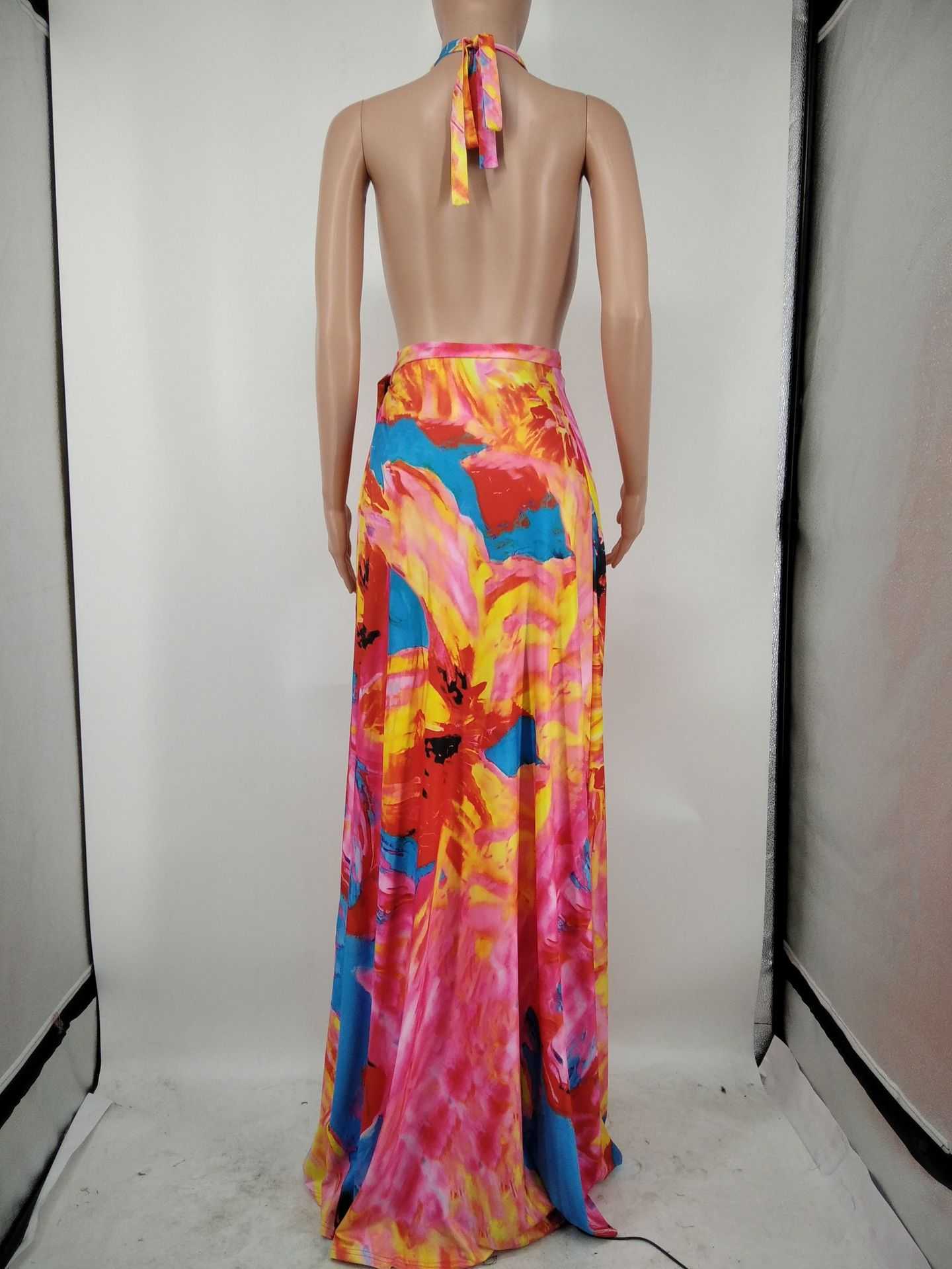 Women Printed Plunge V-neck Sleeveless Slit Belt Maxi Dress 210702