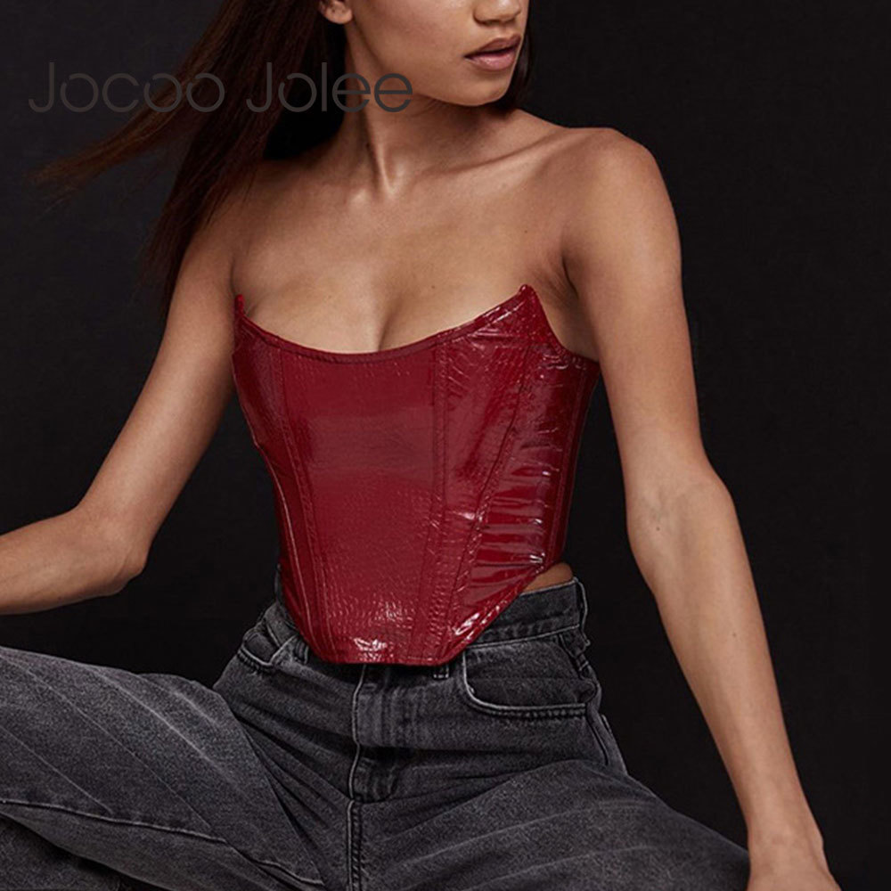 Women Sexy Sleeveless Crocodile Pattern PU Leather Tank Elegant Vintage Off shoulder Tube Top All-match Crop Tops 210428