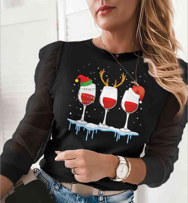 Autumn Patchwork Beaded Sheer Mesh Blouse Sexy O Neck Hollow Out Women Shirt Blusa Elegant Ruffle Puff Long Sleeve Tops Pullover S0806