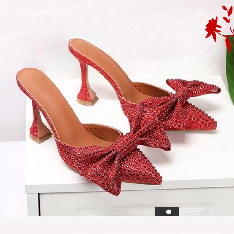 Fancy Shiny Rhie Big Butterflybow Slippers Dia Point Toe High Heel Sexy Sandals Women 162