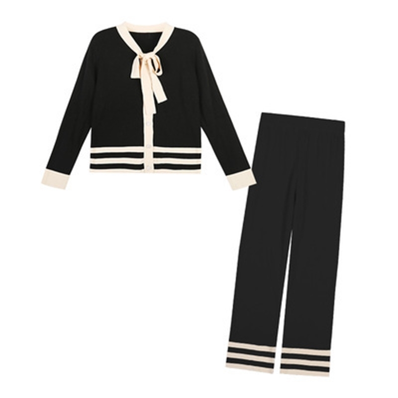 Bow Tie Collar Sweater Top + Wide Leg Pant 2 Piece Suit Women Striped Sweater Suit Sets Knitted Cardigans Pants Set Tracksuits 210515