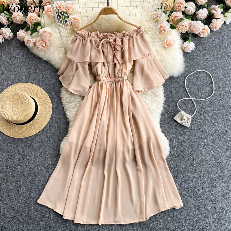 Women Dress Summer Robe Beach Style Slash Neck Off Shoulder Flared Sleeves Slim Vestidos Korean Ruffles Dresses 210519