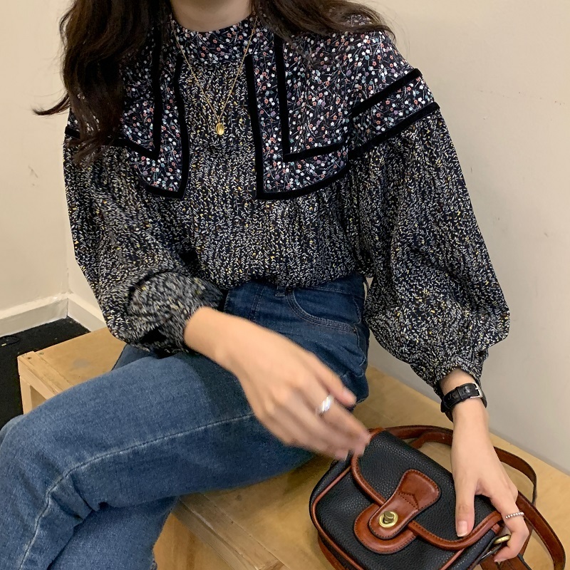 Autumn Vintage Women Tops And Bloues Stand Collar Lantern Sleeve Blouse Long Top Korean Fashion Clothing 210427