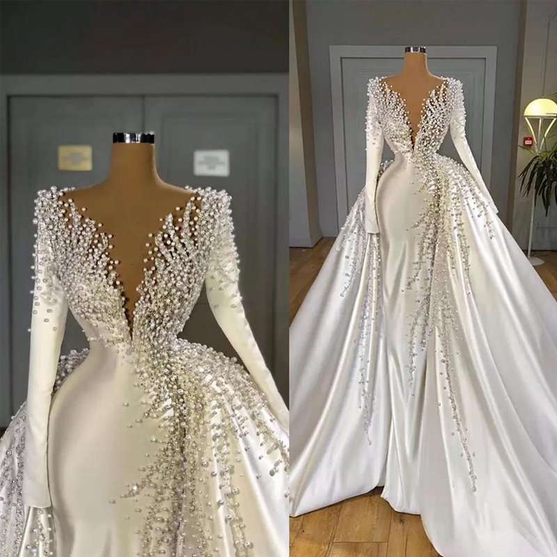 Luxury Pearls Mermaid Wedding Dresses with Overskirt Beading V Neck Long Sleeve Bridal Gowns Elegant Wedding Dress robes de mariée, White
Luxury Pearls Mermaid Wedding Dresses with Overskirt Beading V Neck Long Sleeve Bridal Gowns Elegant Wedding Dress robes de mariée, White