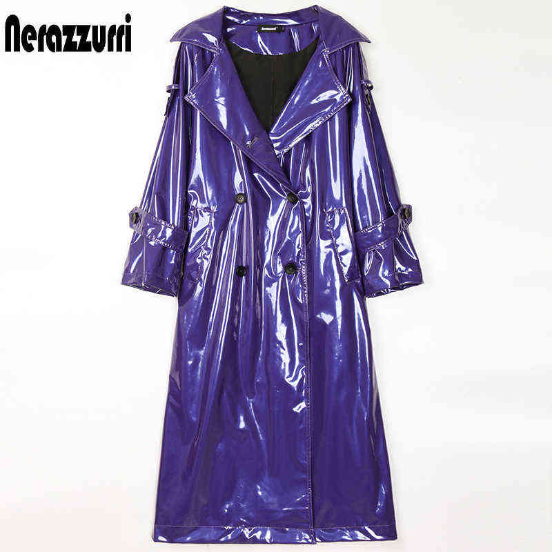 Nerazzurri Long waterproof black patent leather trench coat for women double breasted iridescent oversized leather coat 7xl 211130
