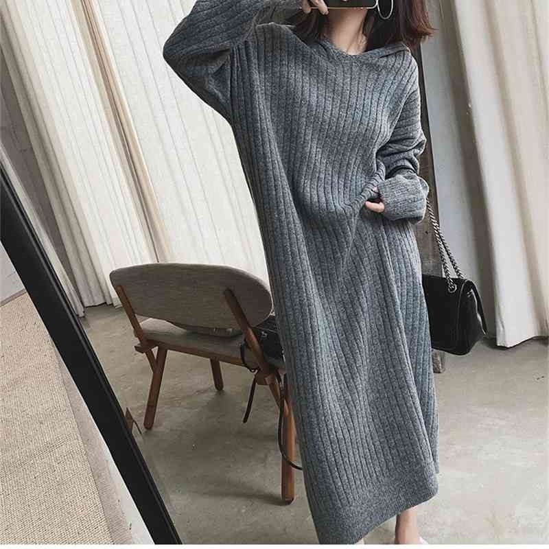 Autumn Hooded Thicken Long Knitted Dresses Ladies Loose Casual Slim Fit Korean Style Maxi for Women Winter Clothes Mujer 210604