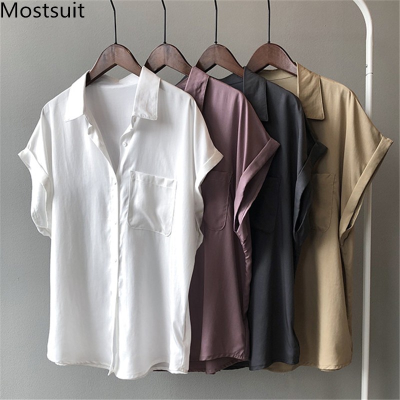 Summer Korean Casual Women Shirt Tops Short Sleeve Turn-down Collar Pocket Solid Loose Female Blusas Mujer 210514