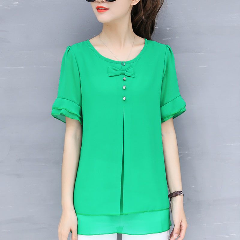 Summer Chiffon O-neck Short Sleeve Blouses and Tops Women Solid Bow Plus Size Flare Shirts Blusas 4832 210518