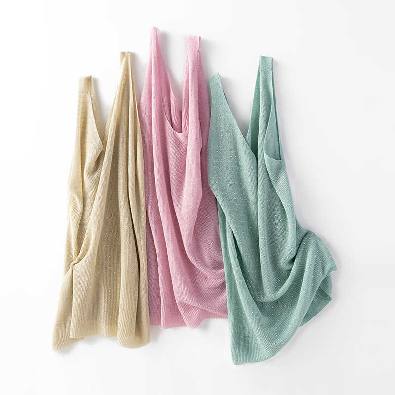 Summer knitted Tank Top for Women korean Cami Sleeveless Bling Lurex diamond vest Top White Black Women's loose Camisole tops 210625