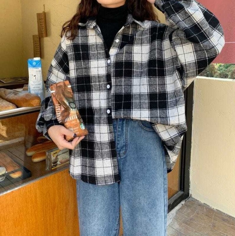 Women's Blouse Lapel Stand Collar Autumn Shirt Plaid All-match Batwing Sleeve Loose Jacket Harajuku Female 4 Colors Chic 210429