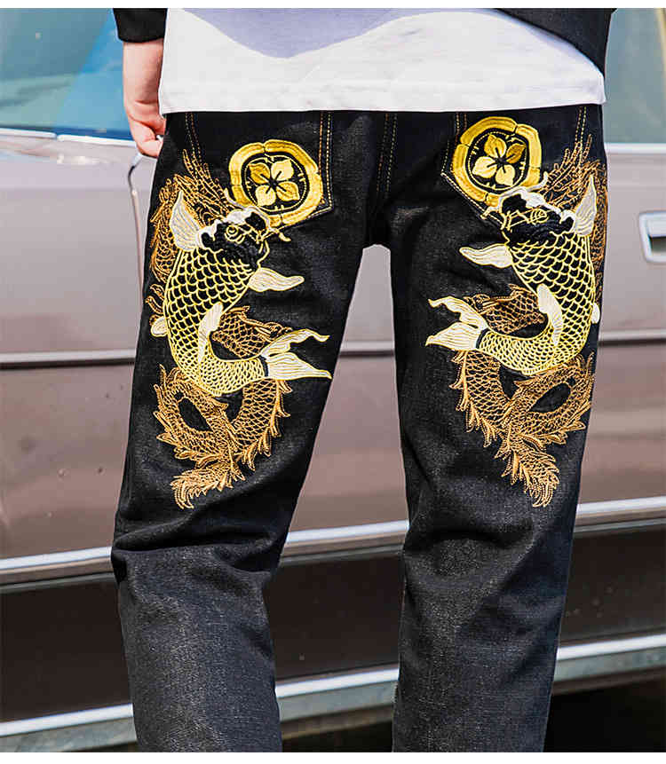 IEFB Spring Carp Embroidery Fashion Black Jeans Men's Chinese Style Personality Straight Tube Small Straight Leg Pants 9Y6012 210524