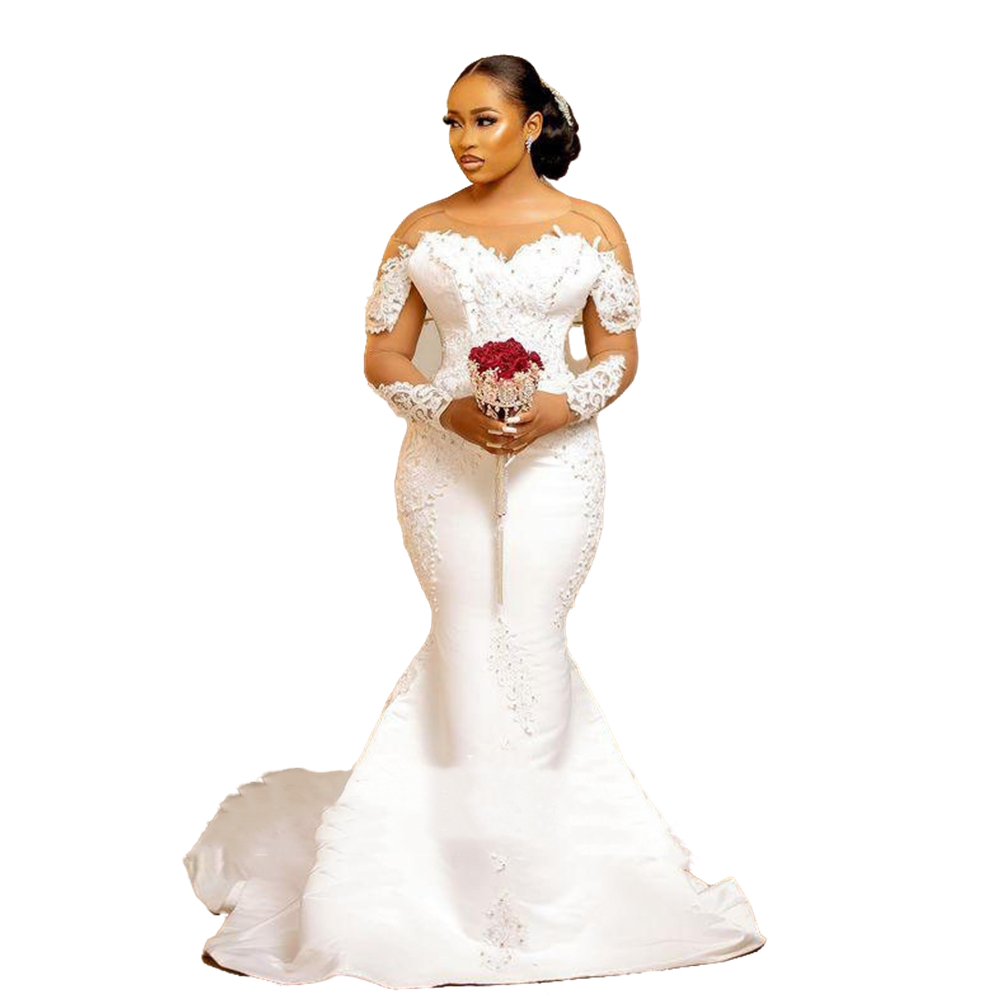 Aso Ebi Mermaid Wedding Dresses With Sheer Neck Illusion Long Sleeves Bridal Dress Lace Appliques Pearls vestido de noiva Sexy Backless African Bridal