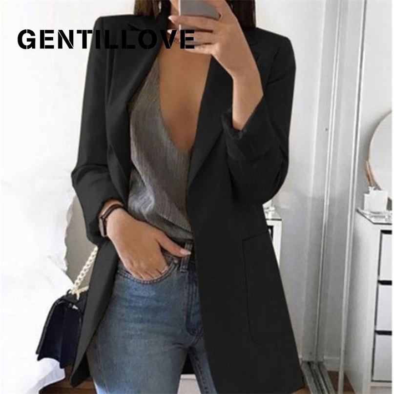 Gentillove Women Autumn Solid Color Blazer Female Work Office Pocket Tweed Oversized Casual Slim Coat Fashion 211122