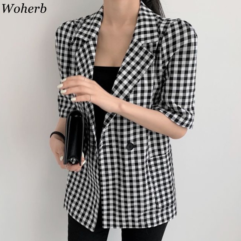 Vintage Plaid Suit Blazer Women Korean Casual Elegant Loose Jacket Fashion Wild Double Breasted Temperament Coat Tops 210519