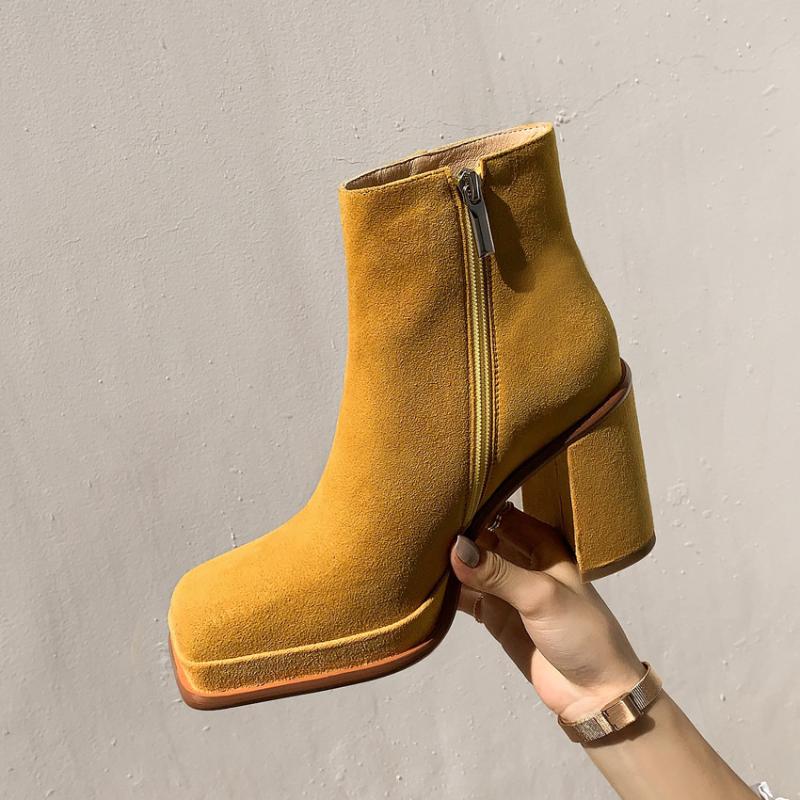 Boots Short 2021 Autumn Winter Thick Heel Waterproof Platform Square Head Side Zipper Yellow Women's High Heels Leathe