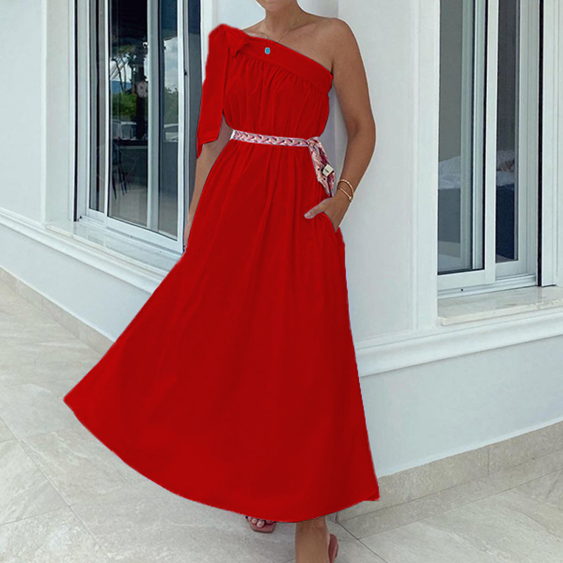 Women Dress Asymmetry Off Shoulder Sleeveless Shirt Dresses Plus Size Loose Casual Long Beach 210524