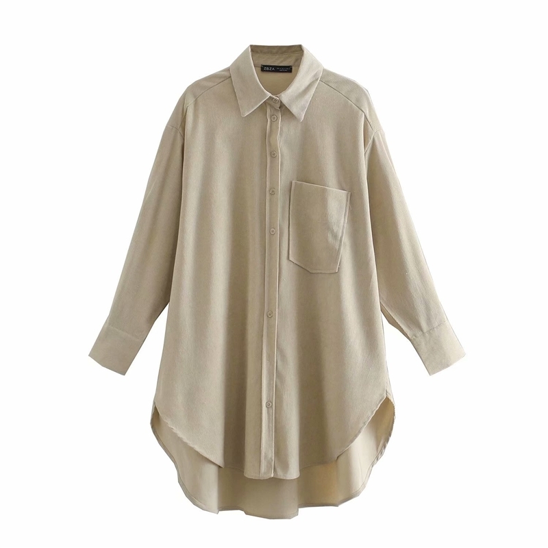 Streetwear Women Khaki Corduroy Shirts Fashion Ladies Turn Down Collar Pocket Tops Causal Female Chic Oversize Blouses 210430