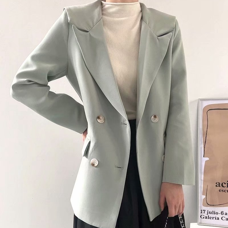 Causal Women Notched Collar Blazers Fashion Ladies Solid Slim Jackets Elegant Female Chic Double Breasted Coats 210430