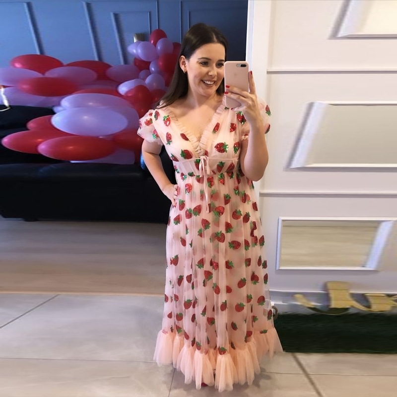 Spring S-5XL Sexy V-Neck Strawberry Pink Mesh Lace Pleated Belt Girly Style Cute Plus Size High Waist Long Dress 210325