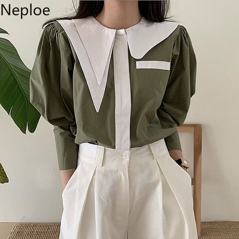 Neploe Women Blouses Irregula Peter Pan Collar Contrast Color Single Breasted Tops Korean Loose Long Sleeve Elegant Shirts 4h460 210422