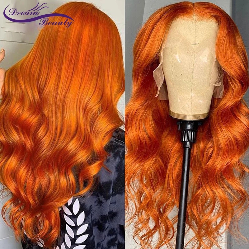 Orange Ginger Color 13x4 Wavy Human Hair Wigs 180% Density Long Straight Synthetic Lace Frontal Wig