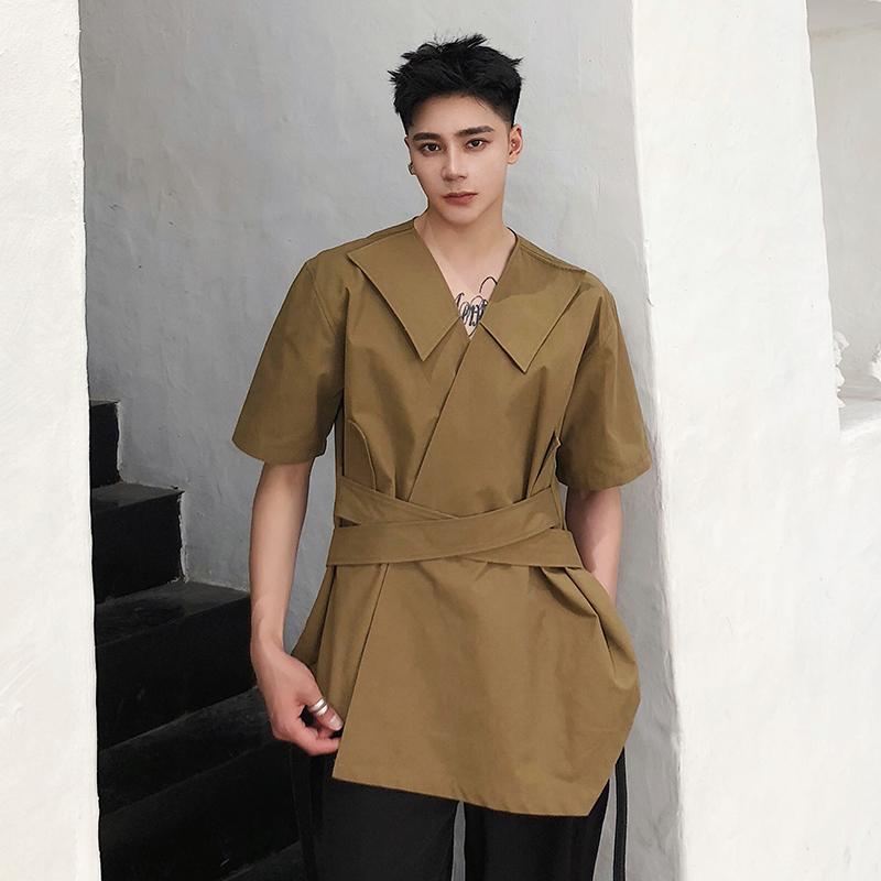 M-XL! Original Summer Long Style Seven-point Sleeve Shirt Korean Version Of The Fashion Personality V-neck Casual Inch Men's Shirts