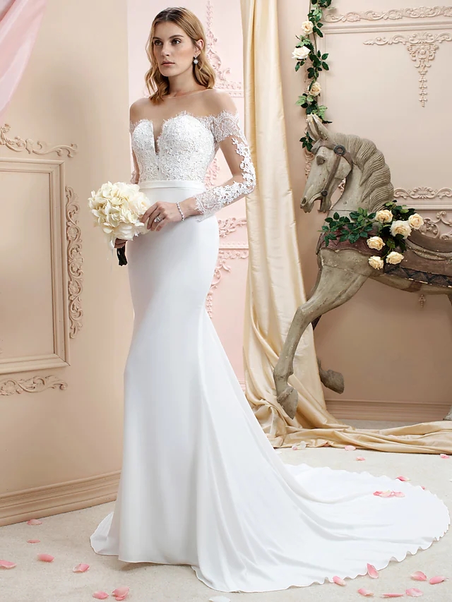 2022 Bridal Gown Trumpet Wedding Dress Bateau Neck Court Train Chiffon Corded Lace Long Sleeve Romantic Sexy Appliques Vestido De Noiva Robe De Mariag