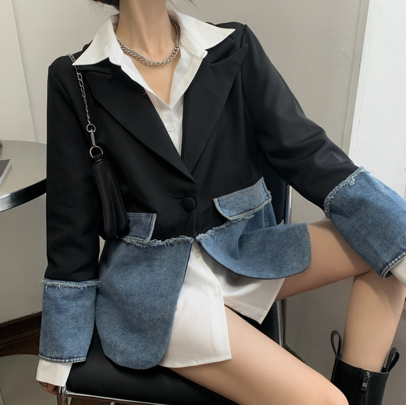 Elegant Women's Denim Patchwork Long Sleeve Blazer Coat Spring Female Fashion Clothing 210519