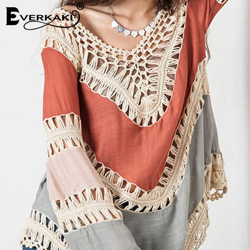 Everkaki Boho Hollow Out Patchwork Blouses Women Shirts Plus Size Long Sleeve Loose Bohemian Tops Blouse Female Spring New 210317
