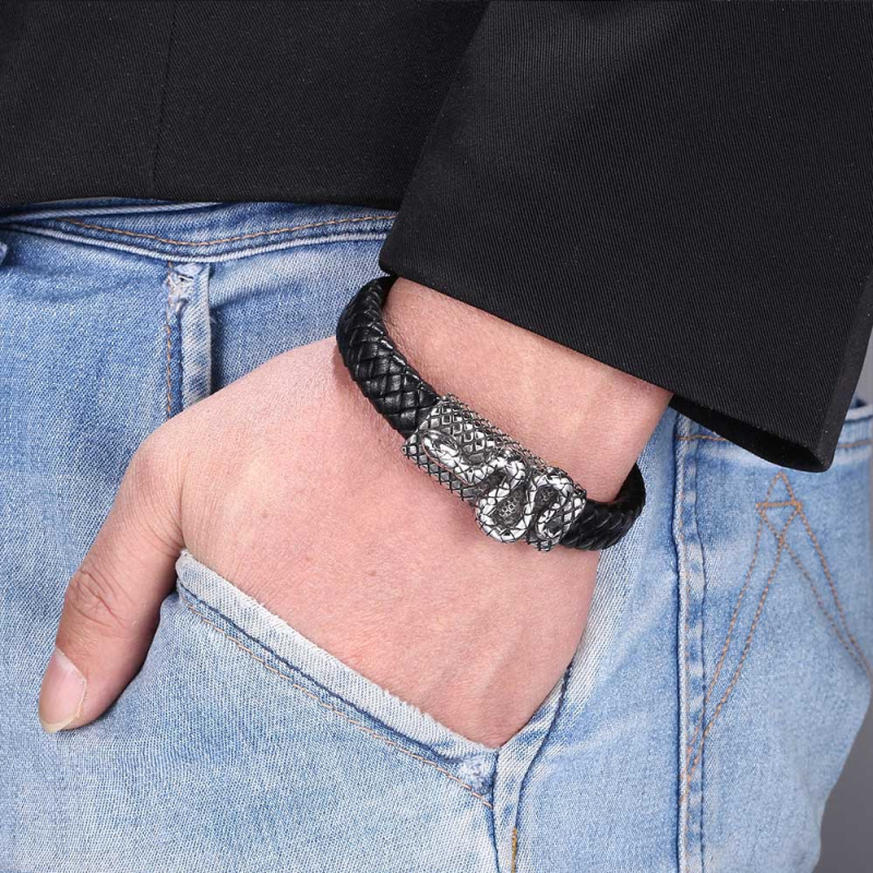 Fashion Stainless Steel Snake Charm Genuine Leather Bracelet