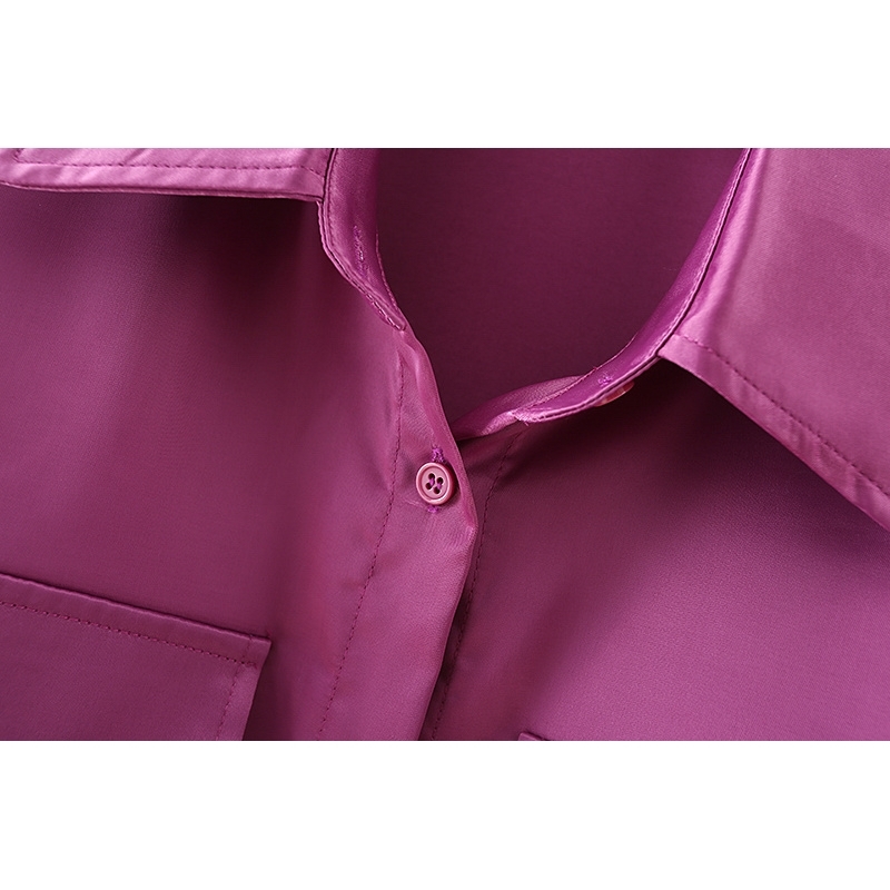 Elegant Women Purplish Red Shirts Fashion Ladies Turn Down Collar Pocket Tops Causal Female Chic Satin Soft Blouse 210430