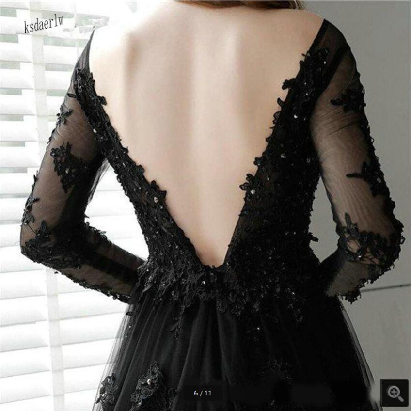 Black Tulle V Neck A Line Prom Dresses Long Sleeve Beaded Lace Appliques Elegant Formal Evening Party Gowns Backless Sexy Side Slit Red Carpet Dress F