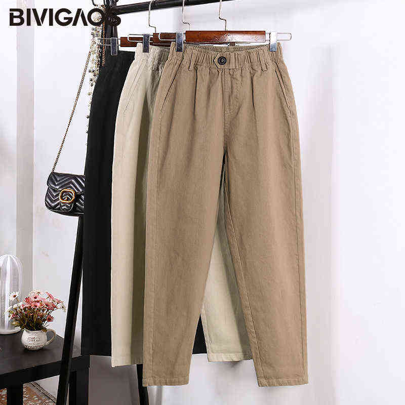 BIVIGAOS Spring Women Clothing Straight Overalls Casual Harem Pants Korean Elastic Waist Triangle Buckle Cargo 211115
