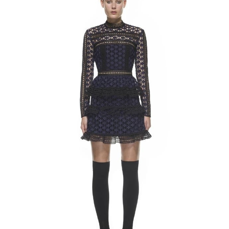 Arrival Spring Red/Blue/Party Lace Hollow Out Dress Women Long Sleeve Vestidos 210520