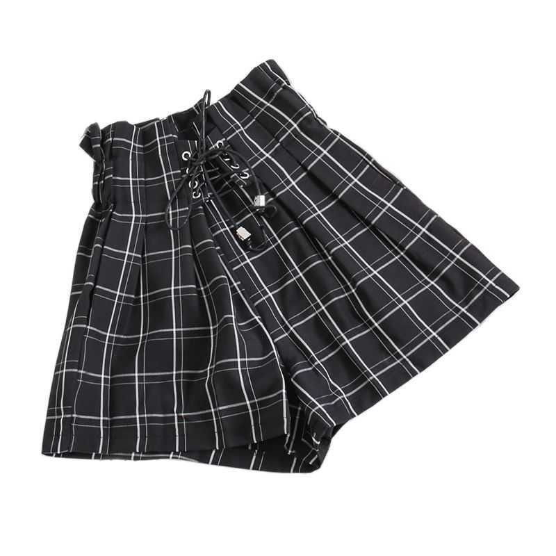 HELIAR Women Drawstring Plaid Shorts Elastic Waist Wide Leg With Saches Harajuku High For Autumn 210714