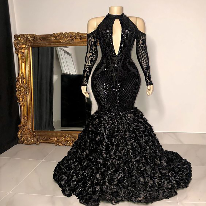 Sparkly Black Sequined Evening Dress Keyhole Neck Mermaid Prom Dresses 2022 Long Sleeve Night Dinner Party Dress With 3d Floral Dubai Arabic Robes De 