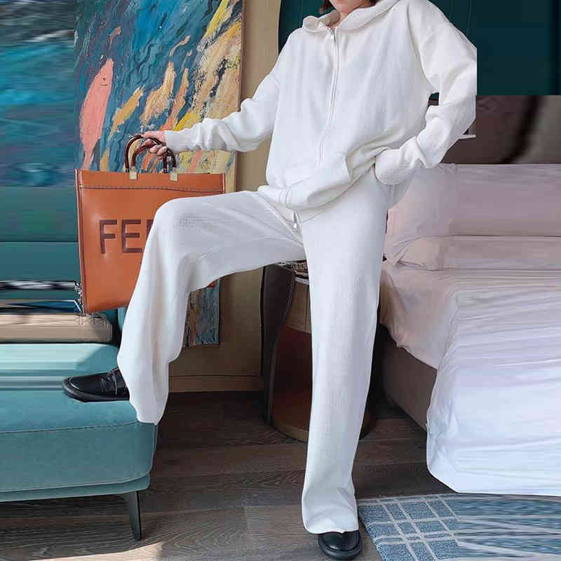 Fashion Solid Knitted 2-Piece Suits Women Double Dlider Zipper Hooded Cardigan Basic Straight Leg Trousers Spring Sets 210522