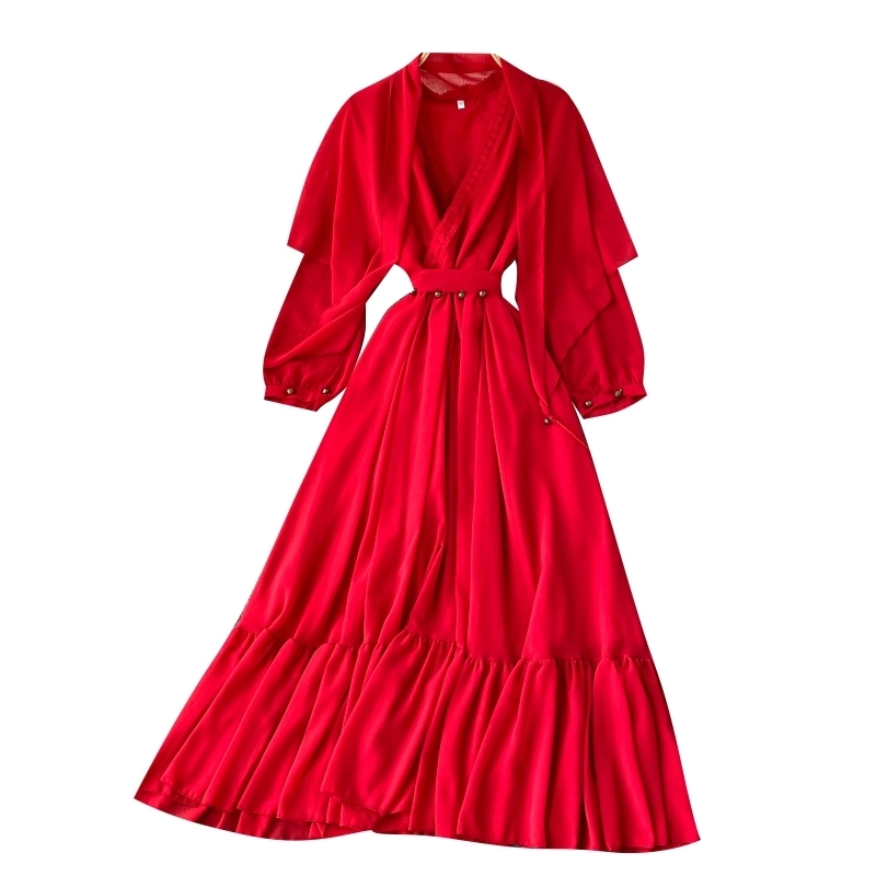 LoveFlowerLife Fashion Korean Clothings Vestidos Sweet V-neck Long Sleeve Drape High Waist Slimming Korean Women Dress 210521