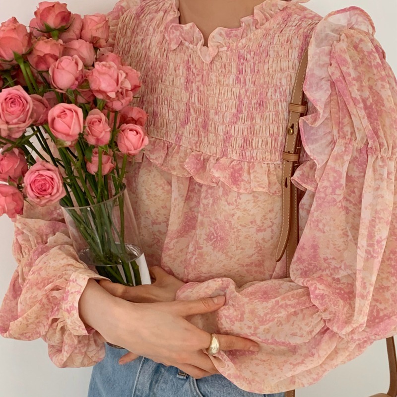 Nomikuma Chic Ruffled Collar Women Shirt Korean Floral Causal Blouse Tops Spring New Puff Sleeve Blusas Mujer De Moda 6F557 210427