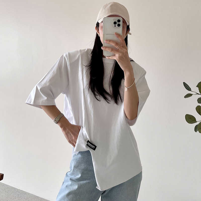 Korejpaa Women T-Shirt Summer Korean Chic All-Match Round Neck Loose Irregular Short-Sleeved Small Patches Decoration Tops 210526