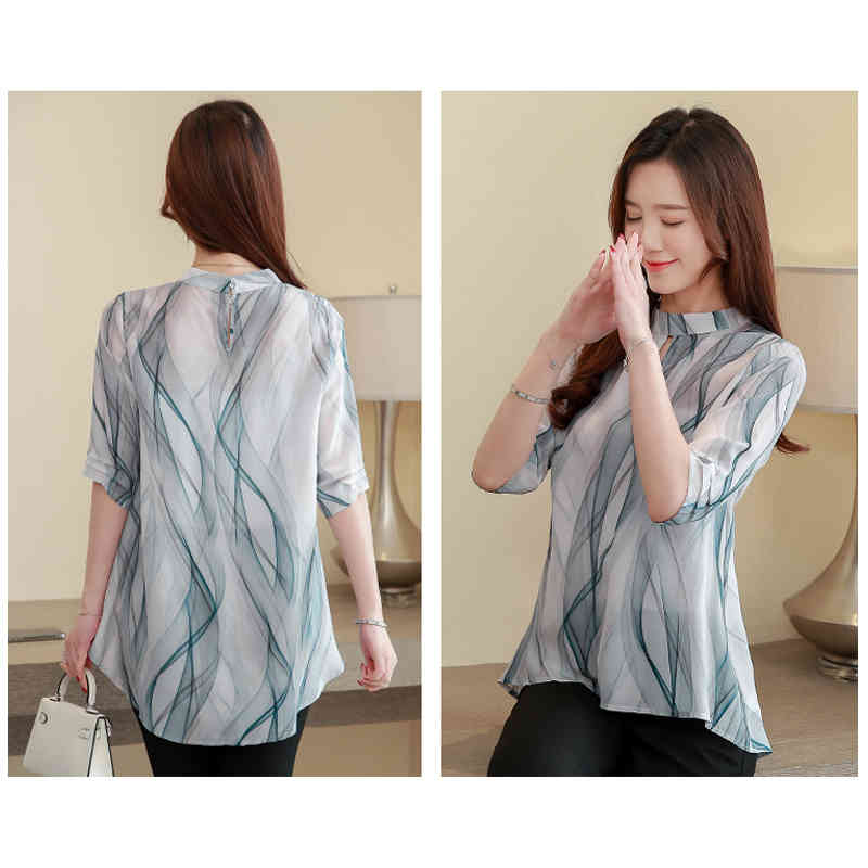Summer Office Lady Top and Blouse Elegant Printed Stand Collar Short Sleeve Silk Tops Chemisier Femme 10071 210427