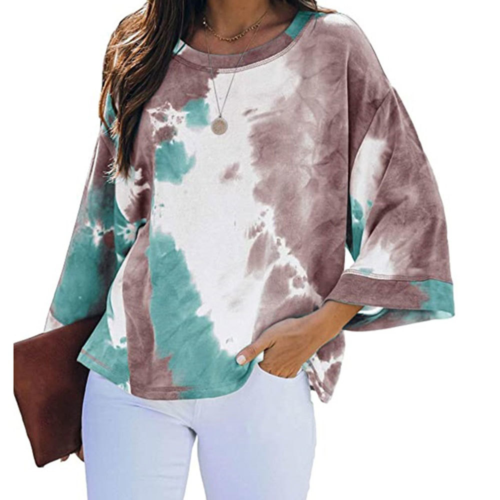 Casual Tie Dye Loose T Shirt 3/4 Sleeve O Neck Oversized Blouses Elegant Batwing Tops Vintage Harajuku 210428