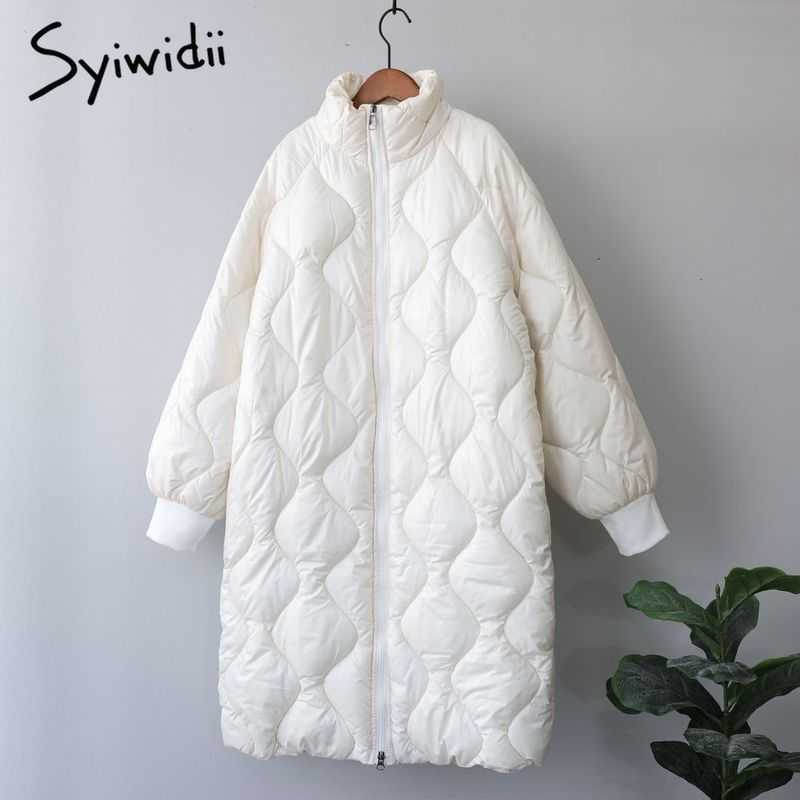 Syiwidii Woman Parkas Clothing for Women Jacket Beige Black Cotton Casual Warm Fashion Zipper Up Long Winter Bubble Coat 210819