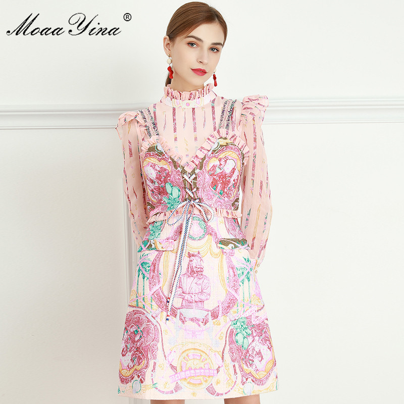 Fashion Designer dress Summer Women' Dress Ruffles Long sleeve Vintage Print Dresses+lace-up Small sling 210524, Pink 
Fashion Designer dress Summer Women' Dress Ruffles Long sleeve Vintage Print Dresses+lace-up Small sling 210524, Pink