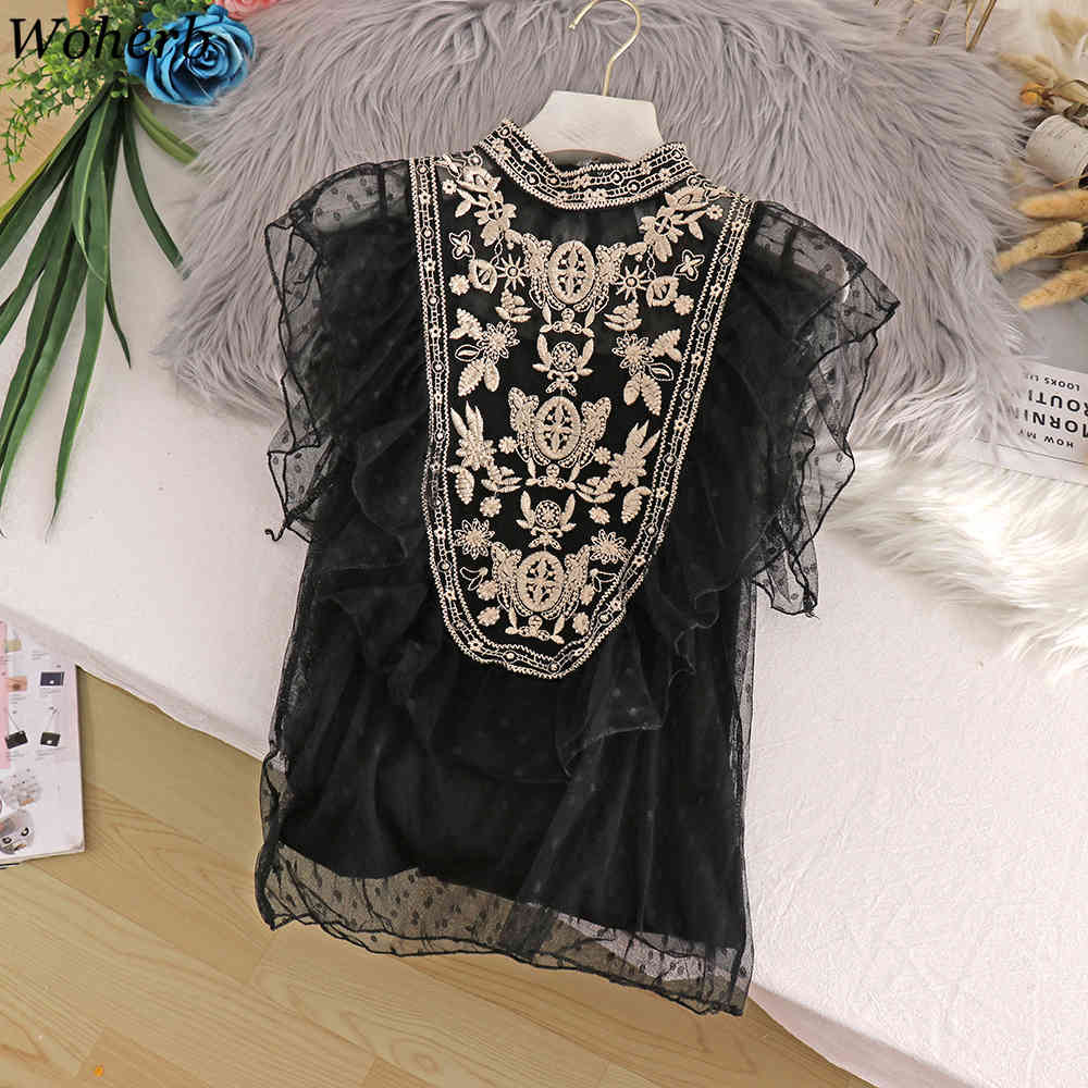 Elegant Floral Lace Shirt Women Sleeveless Mesh Blouses Sexy Korean Stand Collar Ruffle Office Lady Blusas Mujer 210519